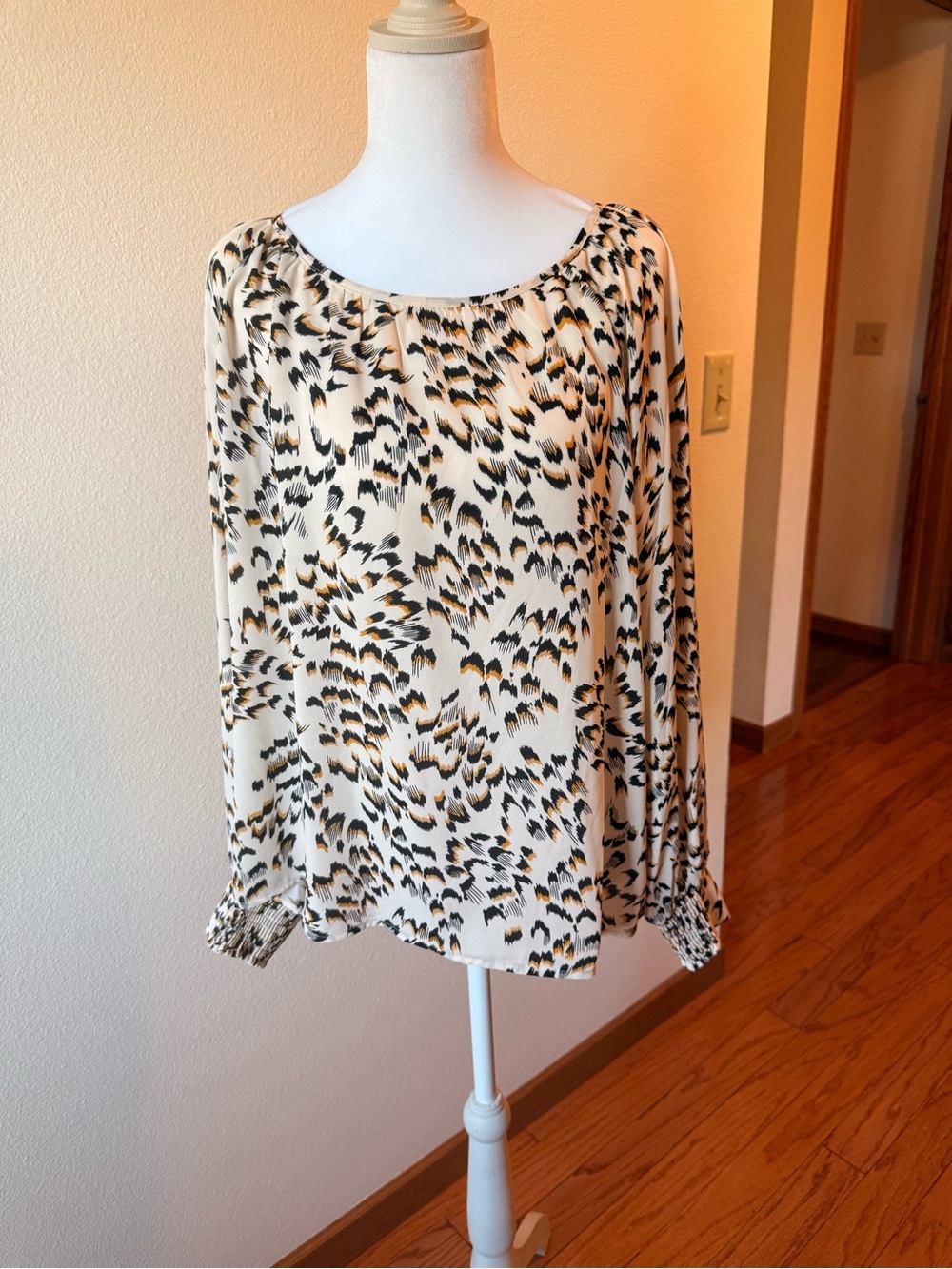 CAbi Cream Animal-Print Long Sleeve Blouse with Black & Gold Accents